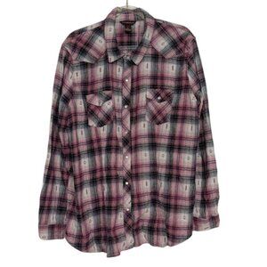 Bit & Bridle Pearl Snap Shirt Womens Size XL Pink Cotton Western Ranch Flannel